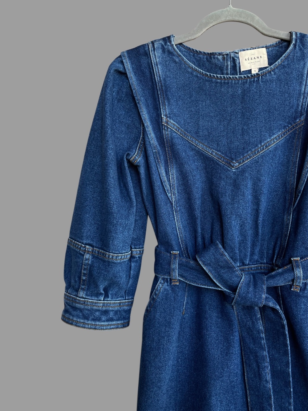 SEZANE Blue Denim Tie Waist Belted Puff Sleeve Button Back Haneia Mini Dress - Picture 6 of 15